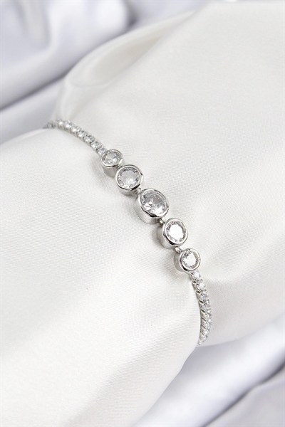 Mey İthalat® Pirinç Zirkon Taşlı Sıralı Daire Model Gümüş Renk Asansörlü Kadın Bileklik