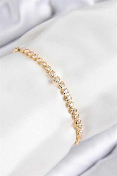 Mey İthalat® Pirinç Zirkon Taşlı Sıralı Model Gold Renk Asansörlü Kadın Bileklik