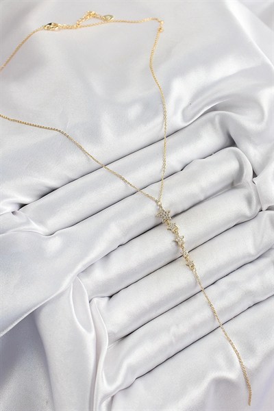 Mey İthalat® Pirinç Zirkon Taşlı Sıralı Yıldız Figürlü Y Model Gold Renk Kadın Kolye