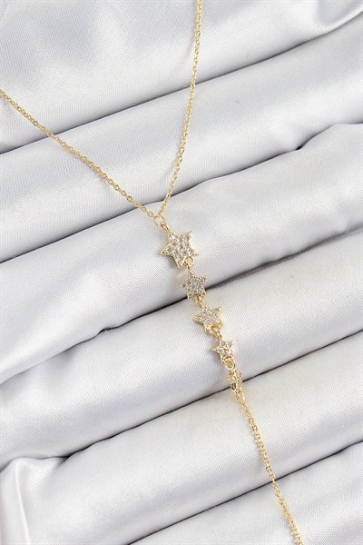 Mey İthalat® Pirinç Zirkon Taşlı Sıralı Yıldız Figürlü Y Model Gold Renk Kadın Kolye