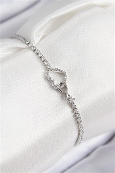 Mey İthalat® Pirinç Zirkon Taşlı Sonsuzluk Kalp Model Gümüş Renk Kadın Bileklik