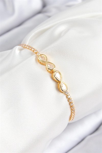 Mey İthalat® Pirinç Zirkon Taşlı Sonsuzluk Model Gold Renk Asansörlü Kadın Bileklik
