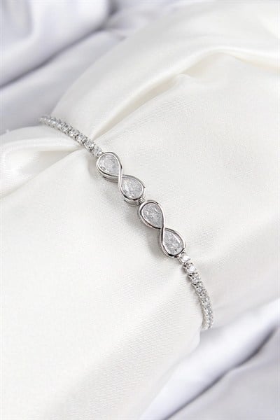 Mey İthalat® Pirinç Zirkon Taşlı Sonsuzluk Model Gümüş Renk Asansörlü Kadın Bileklik