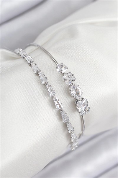 Mey İthalat® Pirinç Zirkon Taşlı Su Yolu Model Gümüş Renk Kadın Bileklik