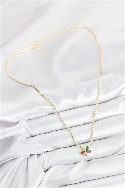 Mey İthalat® Pirinç Zirkon Taşlı Su Yolu Asorti Çiçek Model Gold Renk Kadın Kolye