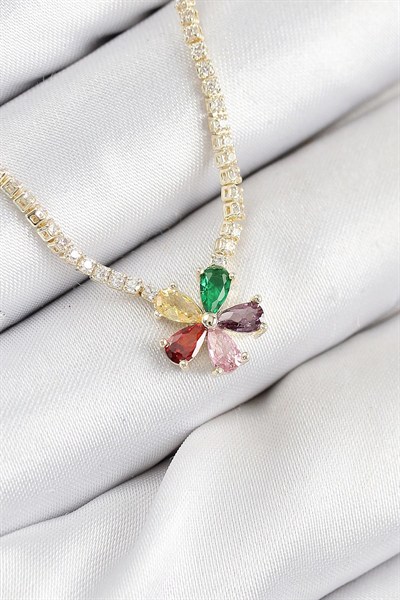 Mey İthalat® Pirinç Zirkon Taşlı Su Yolu Asorti Çiçek Model Gold Renk Kadın Kolye