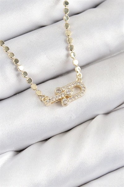 Mey İthalat® Pirinç Zirkon Taşlı Tifany Model Ezme Zincir Gold Renk Kadın Kolye