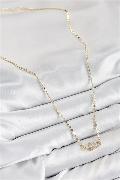 Mey İthalat® Pirinç Zirkon Taşlı Tifany Model Ezme Zincir Gold Renk Kadın Kolye