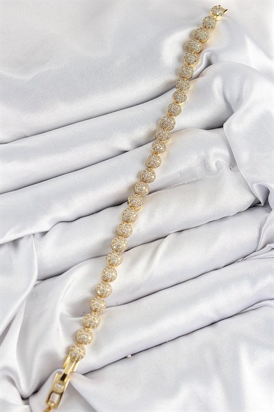 Mey İthalat® Pirinç Zirkon Taşlı Yarım Topcuk Model Gold Renk VIP Seri Kadın Bileklik