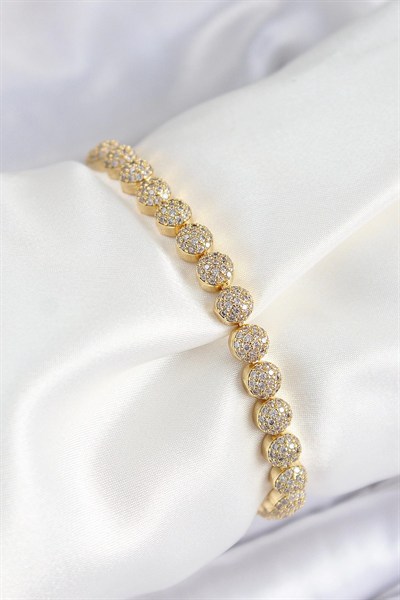 Mey İthalat® Pirinç Zirkon Taşlı Yarım Topcuk Model Gold Renk VIP Seri Kadın Bileklik