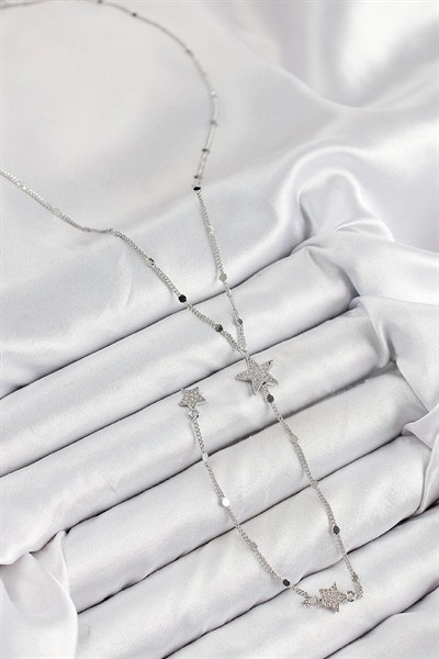 Mey İthalat® Pirinç Zirkon Taşlı Yıldız Model Gümüş Renk Y Kolye