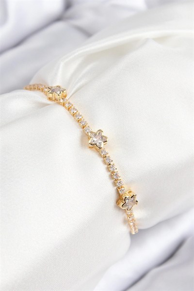 Mey İthalat® Pirinç Zirkon Taşlı Yıldız Model Gold Renk Asansörlü Kadın Bileklik