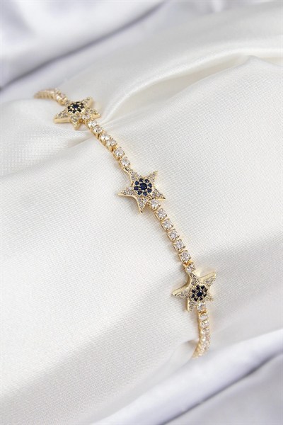 Mey İthalat® Pirinç Zirkon Taşlı Yıldız Model Gold Renk Kadın Bileklik