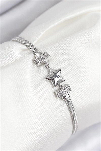 Mey İthalat® Pirinç Zirkon Taşlı Yonca Model Gümüş Renk Kadın Bileklik