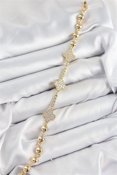 Mey İthalat® Pirinç Zirkon Taşlı Yonca Model Gold Renk Kadın Bileklik