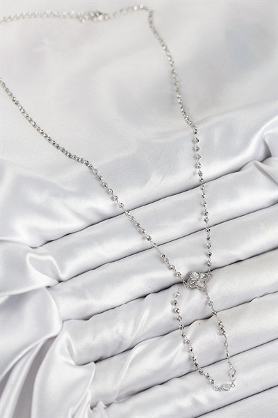 Mey İthalat® Pirinç Zirkon Taşlı Yonca Model Gümüş Renk Kadın Y Kolye