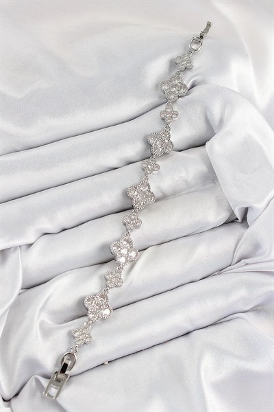 Mey İthalat® Pirinç Zirkon Taşlı Yonca Model Gümüş Renk VIP Seri Kadın Bileklik