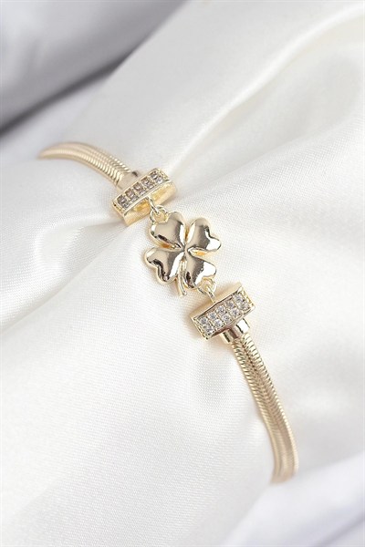 Mey İthalat® Pirinç Zirkon Taşlı Yonca Model Gold Renk Kadın Bileklik