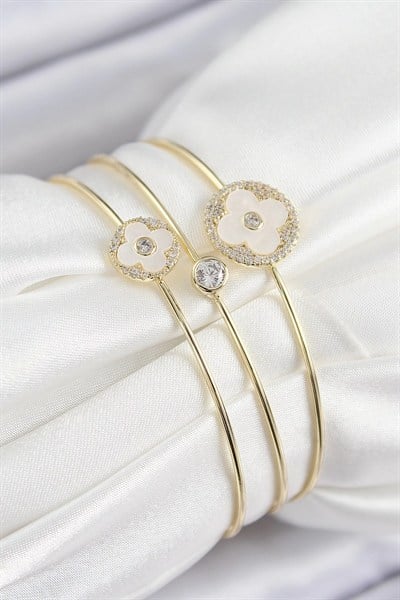 Mey İthalat® Pirinç Zirkon Taşlı Yonca Model Gold Renk Vip 3lü Kadın Bileklik