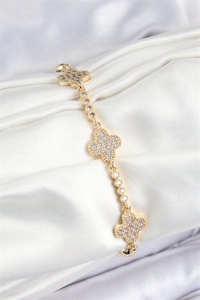 Mey İthalat® Pirinç Zirkon Taşlı Yonca Model Gold Renk Kadın Bileklik