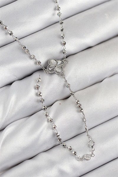 Mey İthalat® Pirinç Zirkon Taşlı Yonca Model Gümüş Renk Kadın Y Kolye