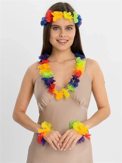 Mey İthalat® Rengarenk Hawaii Kolye Taç Bileklik Seti 4 Parça