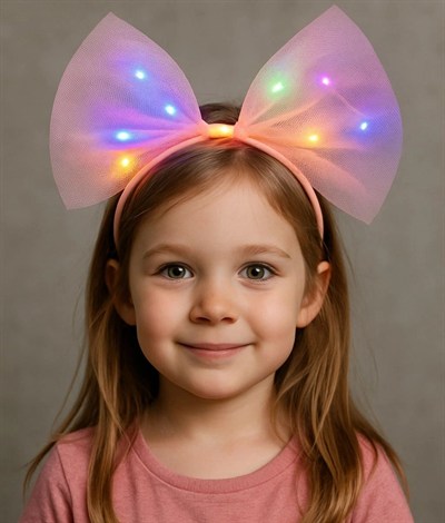 Mey İthalat® Rengarenk Led Işıklı Fiyonk Şekilli Tül Parti Tacı Pembe Renk 25x25 cm