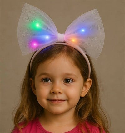 Mey İthalat® Rengarenk Led Işıklı Fiyonk Şekilli Tül Parti Tacı Beyaz Renk 25x25 cm