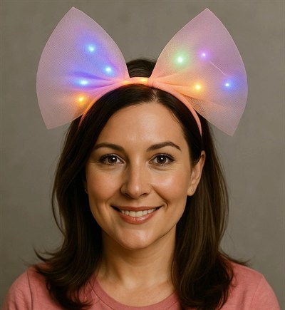 Mey İthalat® Rengarenk Led Işıklı Fiyonk Şekilli Tül Parti Tacı Pembe Renk 25x25 cm