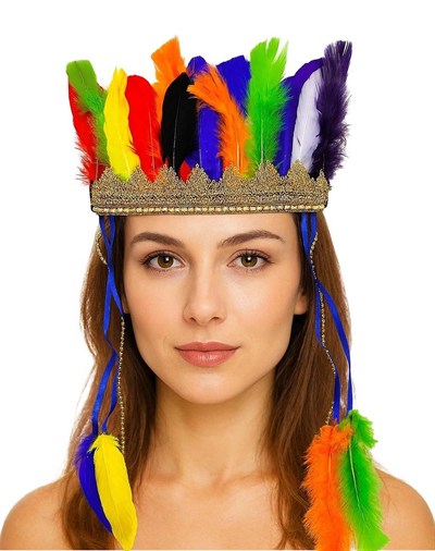 Mey İthalat® Rengarenk Tüylerle İşlenmiş Lastikli Kızılderili Başlığı