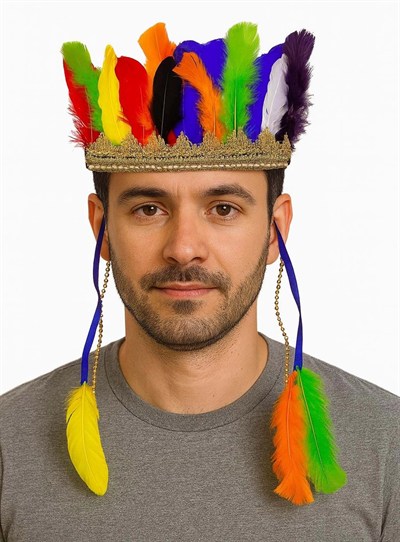 Mey İthalat® Rengarenk Tüylerle İşlenmiş Lastikli Kızılderili Başlığı