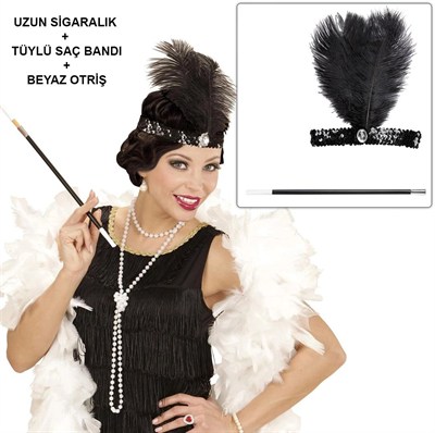 Mey İthalat® Retro Charliston Beyaz Otrişli Aksesuar Seti – 20'ler 90'lar Gatsby Kostüm Seti