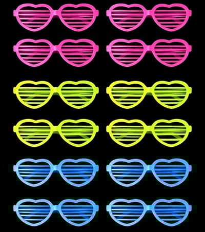 Mey İthalat® Retro Neon Fosforlu Kalp Panjur Gözlük 12 Adet – 80’ler 90’lar Parti Stili