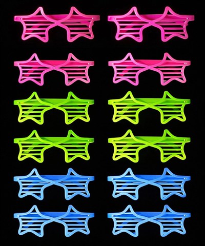 Mey İthalat® Retro Neon Fosforlu Yıldız Panjur Gözlük 12 Adet – 80’ler 90’lar Parti Stili