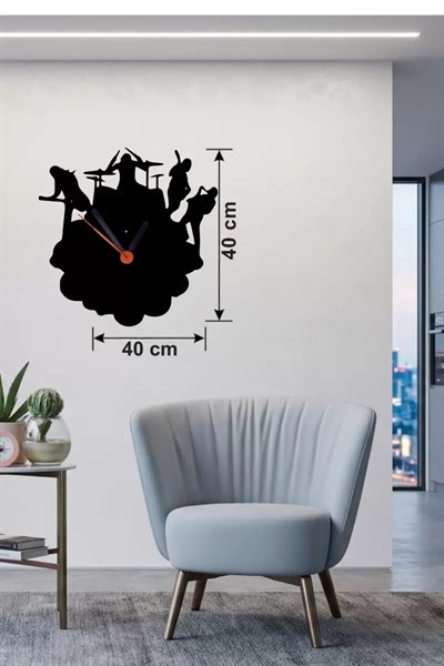 Mey İthalat® Rock Band ve Müzik Temalı Ahşap Duvar Saati - 40x40 cm Lazer Kesim