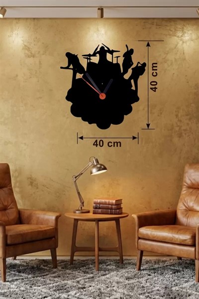 Mey İthalat® Rock Band ve Müzik Temalı Ahşap Duvar Saati - 40x40 cm Lazer Kesim