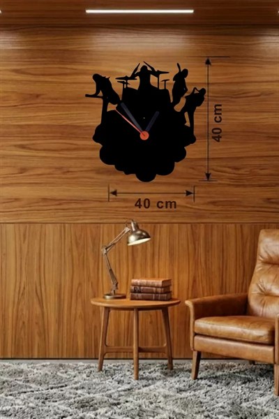 Mey İthalat® Rock Band ve Müzik Temalı Ahşap Duvar Saati - 40x40 cm Lazer Kesim
