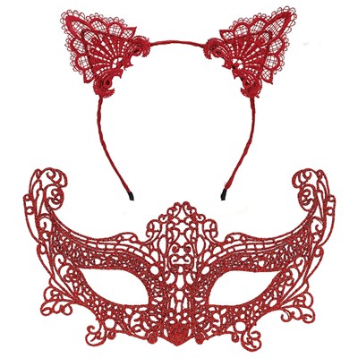 Mey İthalat® Romantik Kırmızı Dantel Maske Seti – Kedi Kulaklı Taç ve Maske 3 No