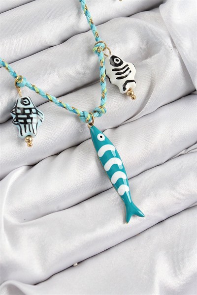 Mey İthalat® Seramik Motifli Balık Figürlü Model Mavi İp Kadın Kolye
