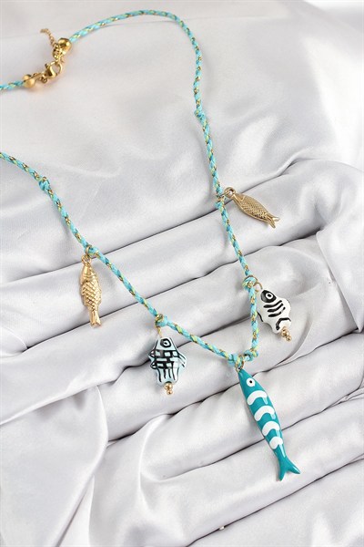 Mey İthalat® Seramik Motifli Balık Figürlü Model Mavi İp Kadın Kolye