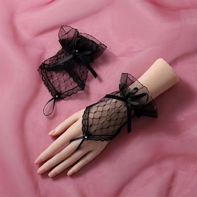 Mey İthalat® Siyah Dantel Fiyonklu Parmak Halkalı Kadın Eldiveni