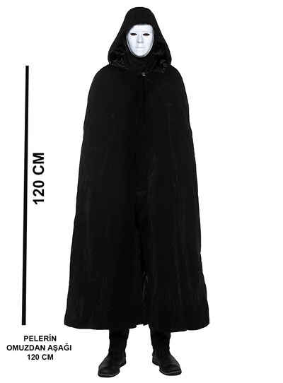 Mey İthalat® Siyah Kapüşonlu 120 cm Pelerin ve Beyaz Boyanabilir Tam Yüz Maske