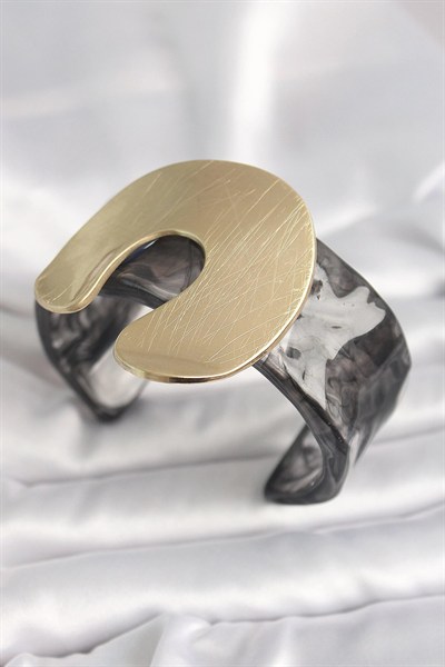 Mey İthalat® Siyah Mermer Desen Akrilik Plastik Gold Nal Model Plaka Vintage Kadın Bilezik