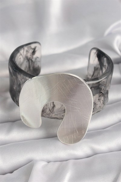 Mey İthalat® Siyah Mermer Desen Akrilik Plaka Vintage Kadın Bilezik