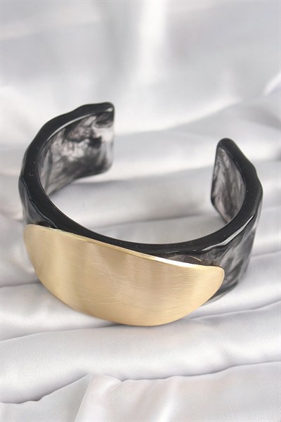 Mey İthalat® Siyah Mermer Desen Akrilik Plastik Gold Oval Plaka Model Vintage Kadın Bilezik