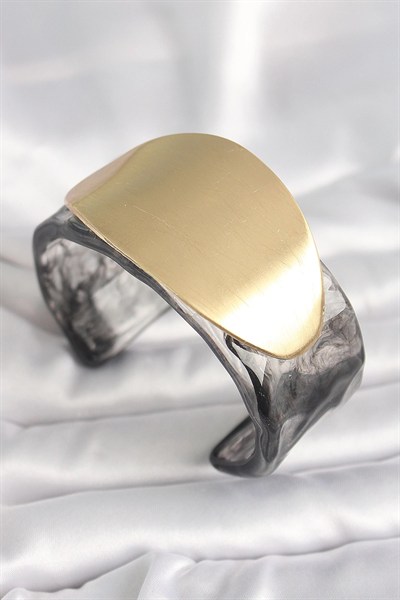 Mey İthalat® Siyah Mermer Desen Akrilik Plastik Gold Oval Plaka Model Vintage Kadın Bilezik