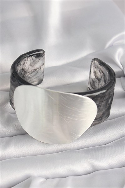 Mey İthalat® Siyah Mermer Desen Akrilik Pilastik Gümüş Plaka Model Vintage Kadın Bilezik