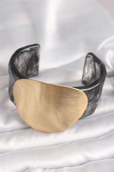 Mey İthalat® Siyah Mermer Desen Akrilik Plastik Gold Daire Plaka Model Vintage Kadın Bilezik