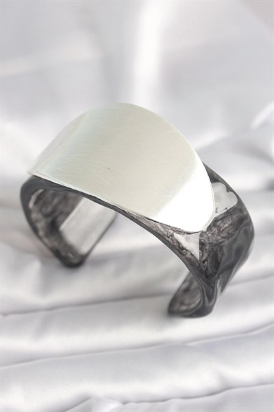 Mey İthalat® Siyah Mermer Desen Akrilik Plastik Gümüş Oval Plaka Model Vintage Kadın Bilezik