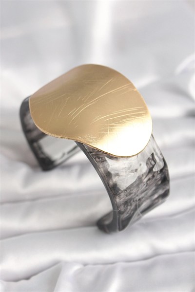 Mey İthalat® Siyah Mermer Desen Akrilik Plastik Gold Daire Plaka Model Vintage Kadın Bilezik